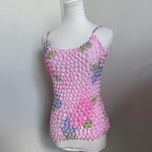 Vintage 90s Crinkle Camisole Top Pink Floral One Size Fits All Y2K Fairycore